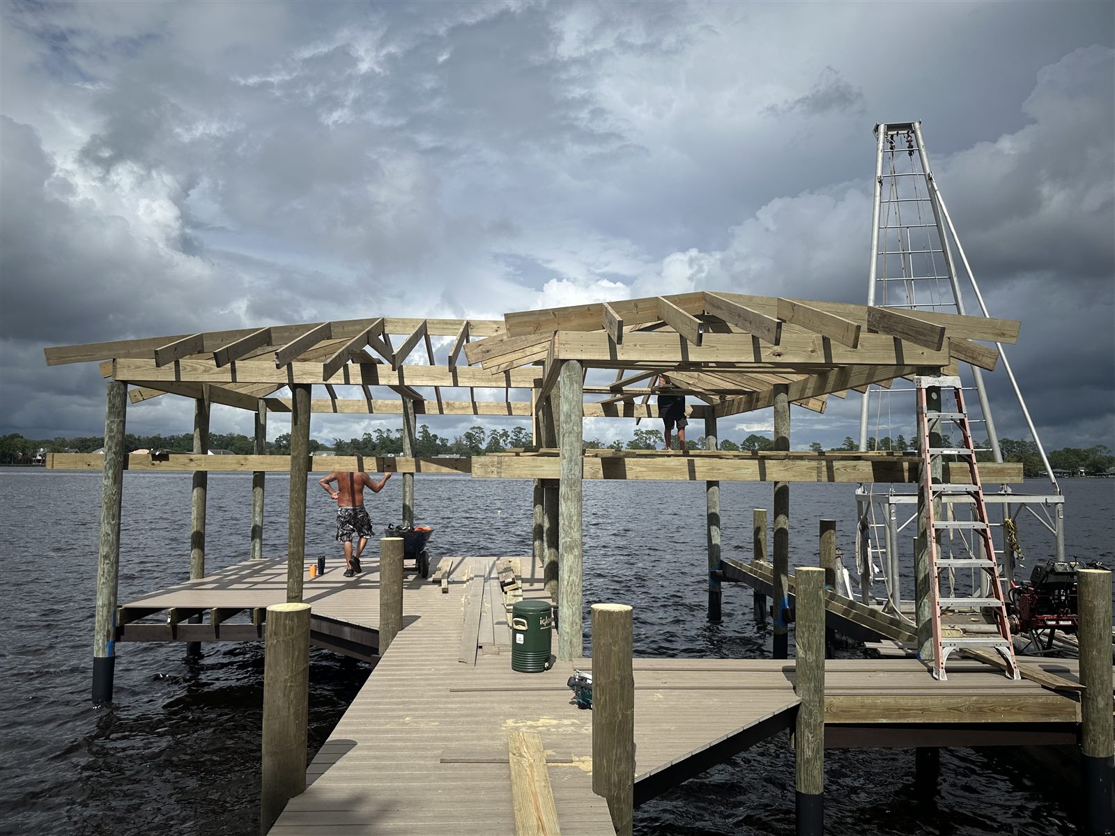 Boathouse Roof Framing — Timber roof structure in progress in Northeast Florida