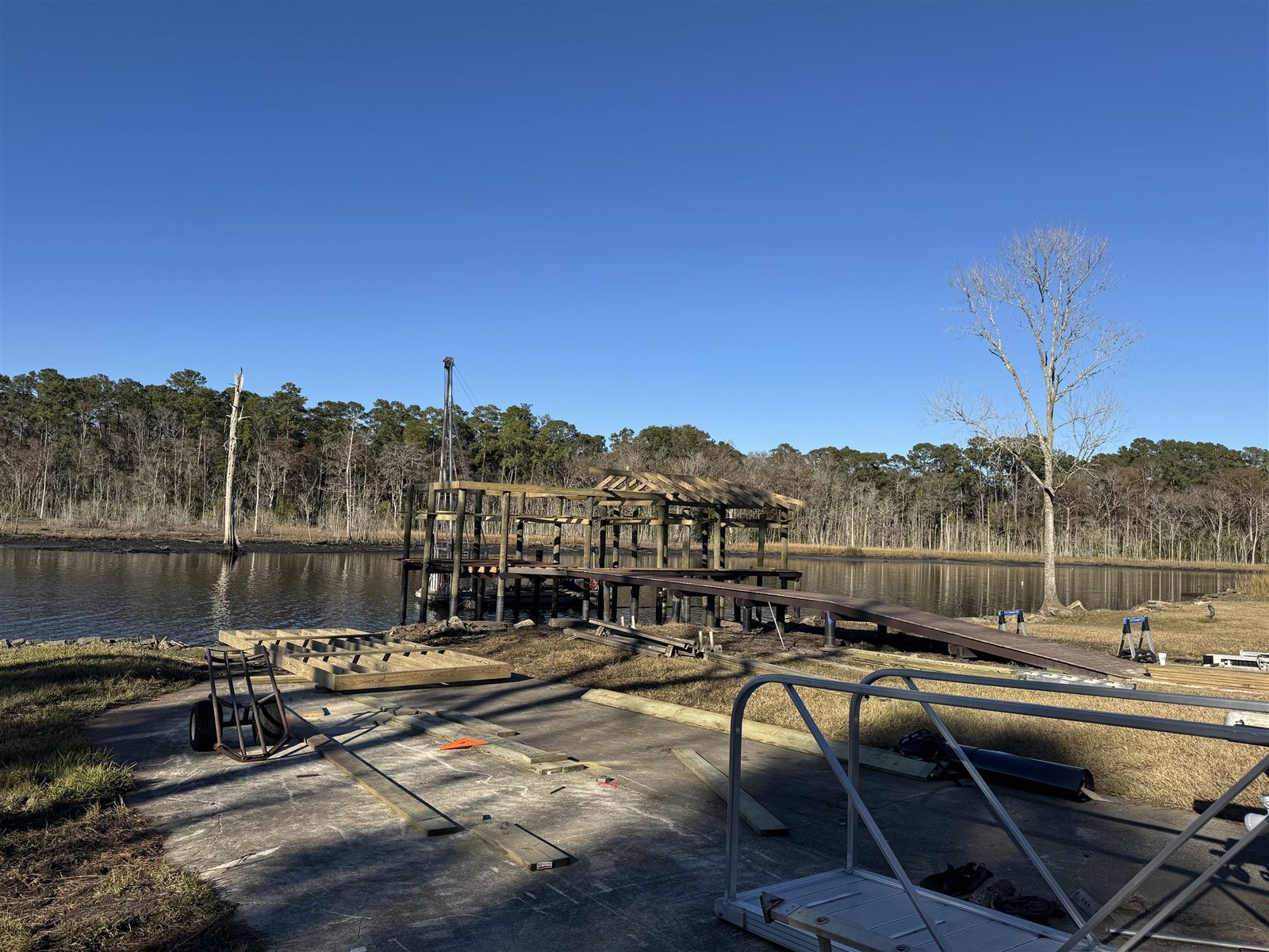 Dock & Boathouse Structure — Waterfront framing in progress in Northeast Florida