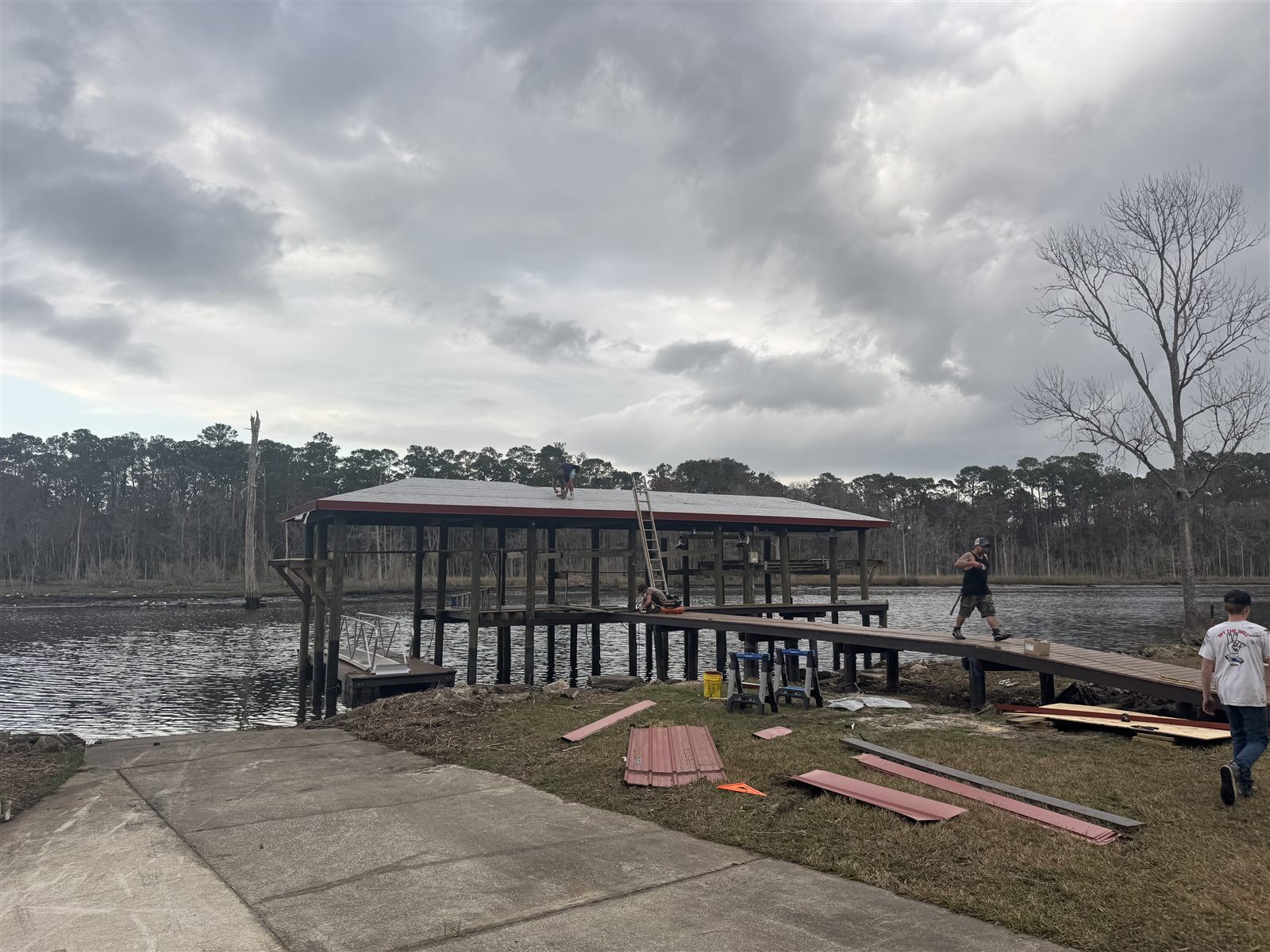 Metal Roof Installation — Covered dock construction in progress in Northeast Florida
